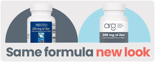 Banner presenting two versions of the same Allergy Research Group product with different branding. The text says: Same formula new look