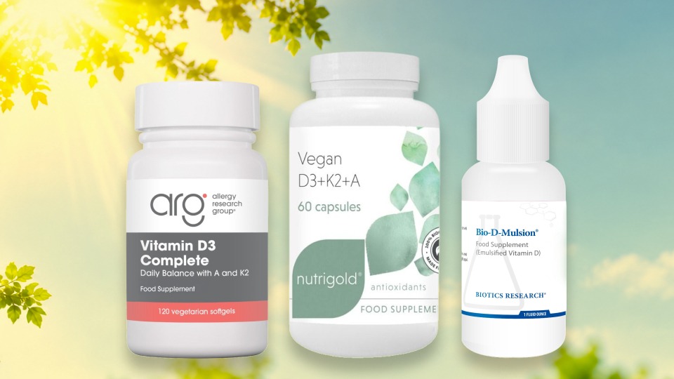 3 supplement pots on bright sky background Vitamin D3 Complete, Vegan D3 + K2 + A and Bio-D-Mulsion®