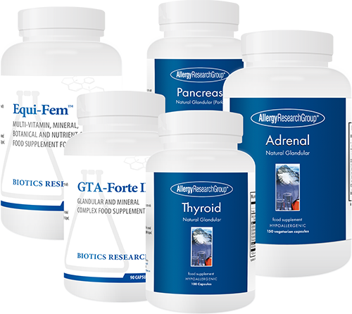 Natural Gladular products: Equi-Fem, GTA-Forte II, Pancreas, Thyroid and Adrelnal